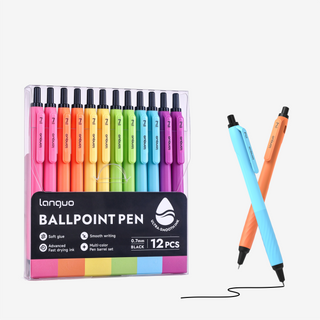 Languo 12 Pcs Ballpoint Pens, Soft Grip, 0.7mm,  Black Ink - Dopamine Colors