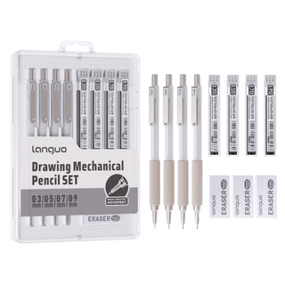 Coffret de 4 porte-mines Languo avec étui, mines de 0,3 mm, 0,5 mm, 0,7 mm et 0,9 mm.