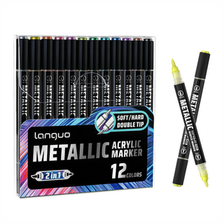 12 Colors Metallic Acrylic Paint Markers, Dual Tip Acrylic Metallic Markers Set (Brush & Fine)