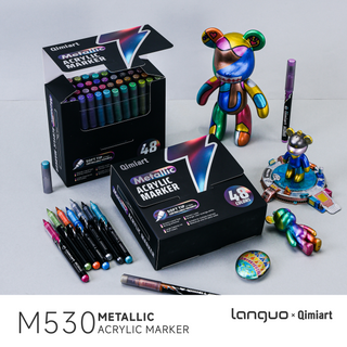 Languo x Qimiart 48 Colors Metallic Acrylic Paint Markers, Brush Tip Acrylic Metallic Markers Set