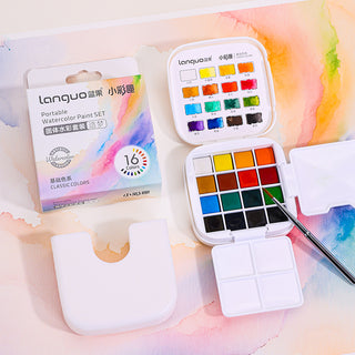 Protable Watercolor Paint Set Of 16 With Brush - Classic Colors