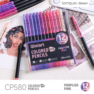 Languo x Qimiart Retractable Colored Pencils with Sharpener – 12 Purplish Pink