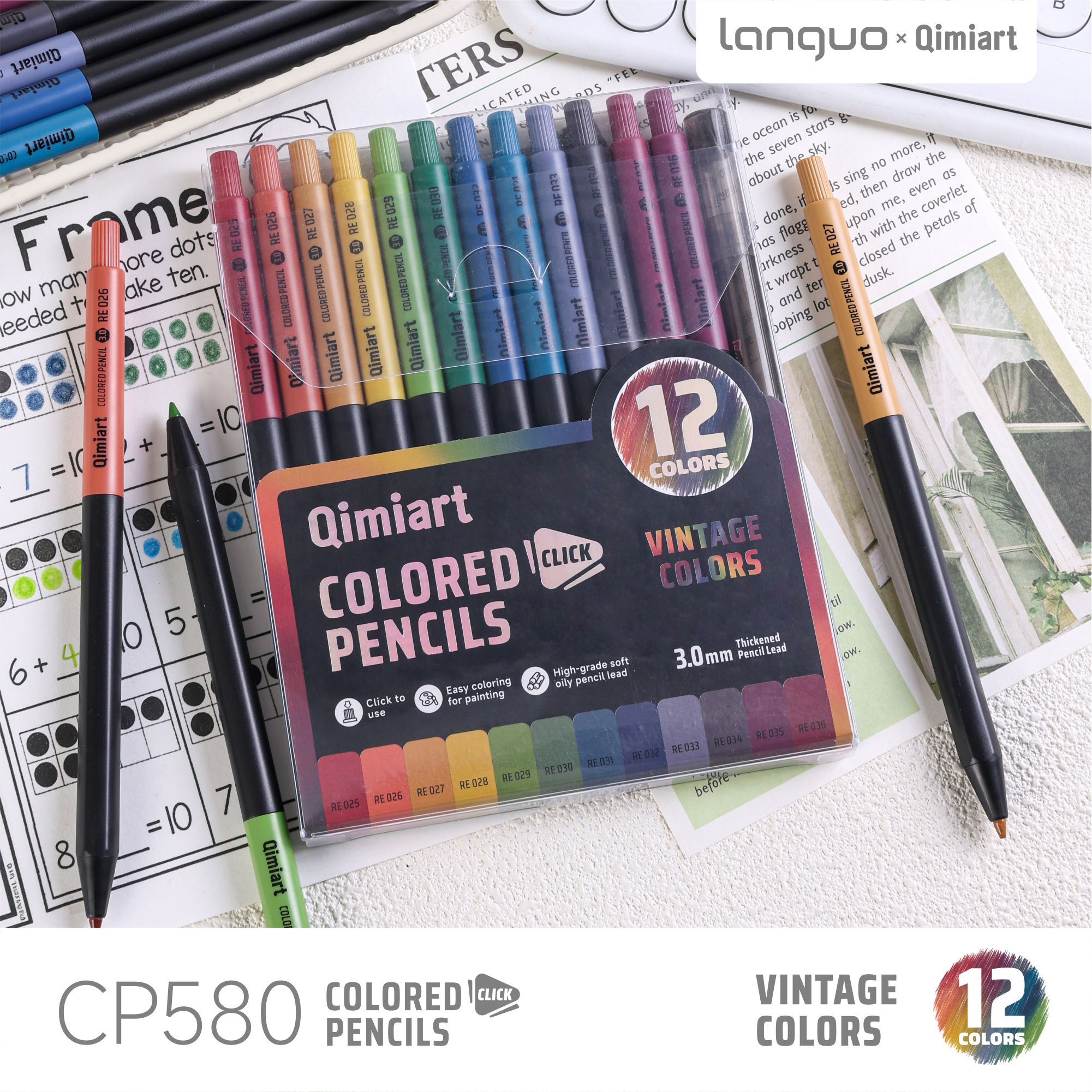 Languo x Qimiart Retractable Colored Pencils with Sharpener – 12 Vinta