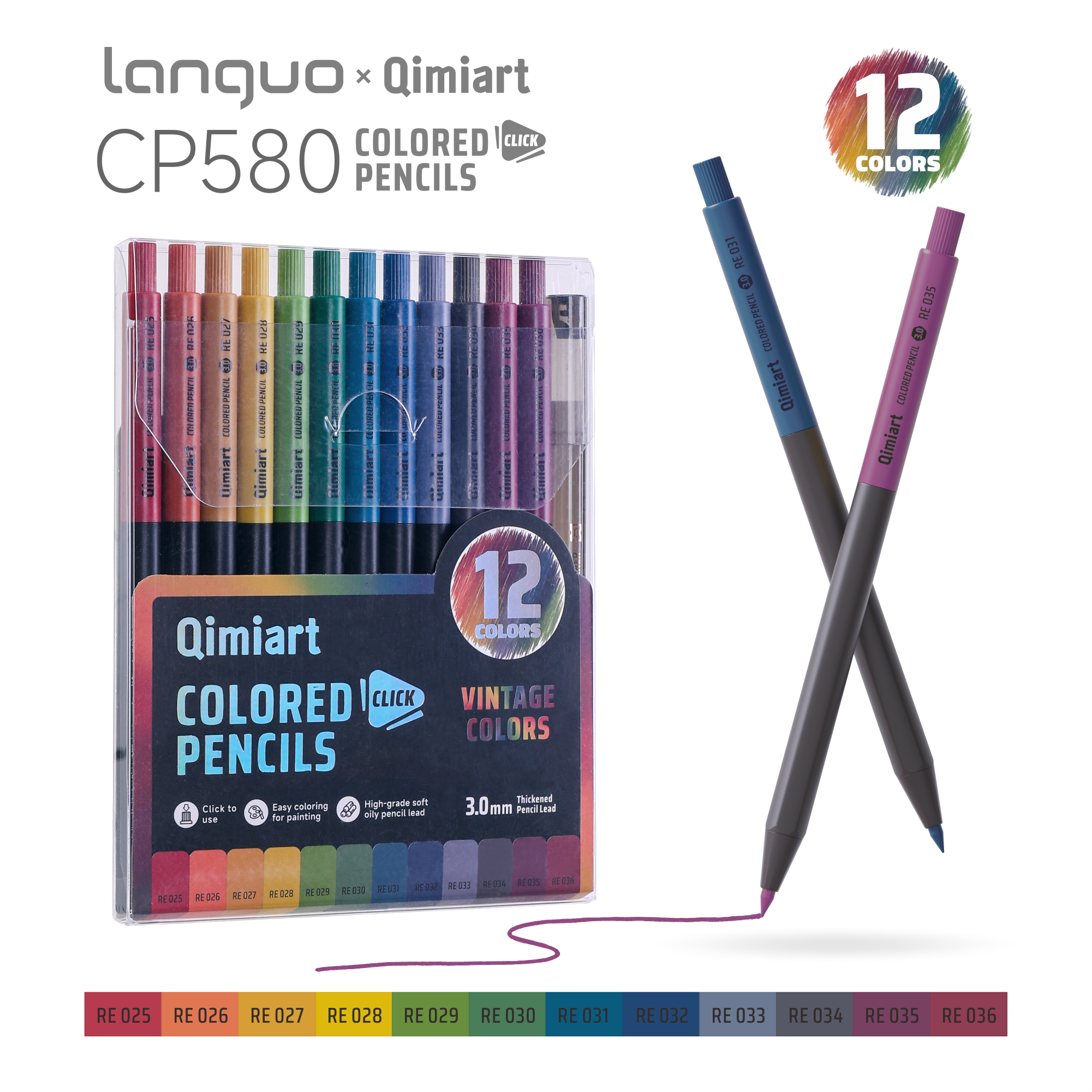 Languo x Qimiart Retractable Colored Pencils with Sharpener – 12 Vinta
