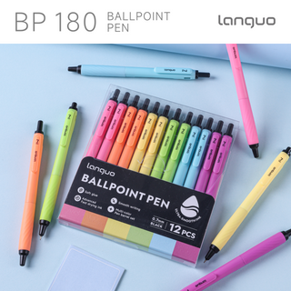 Languo 12 Pcs Ballpoint Pens, Soft Grip, 0.7mm,  Black Ink - Dopamine Colors