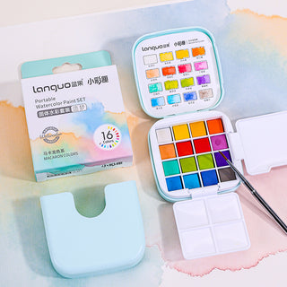 Protable Watercolor Paint Set Of 16 With Brush - Macaron Colors