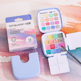 Protable Watercolor Paint Set Of 16 With Brush - Pearl Colors